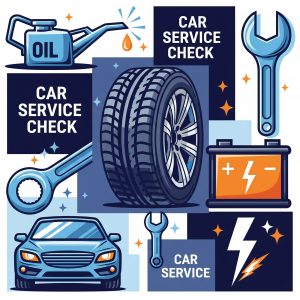 Car Servicing Colchester: A collage of icons representing different service checks ( oil can, tyre, spanner, battery).